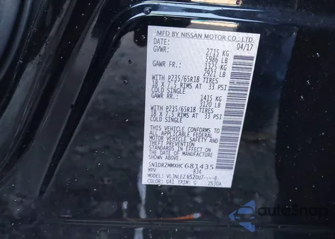 2017 Nissan Pathfinder Sv z USA, uszkodzony, nr VIN 5N1DR2MMXHC681435